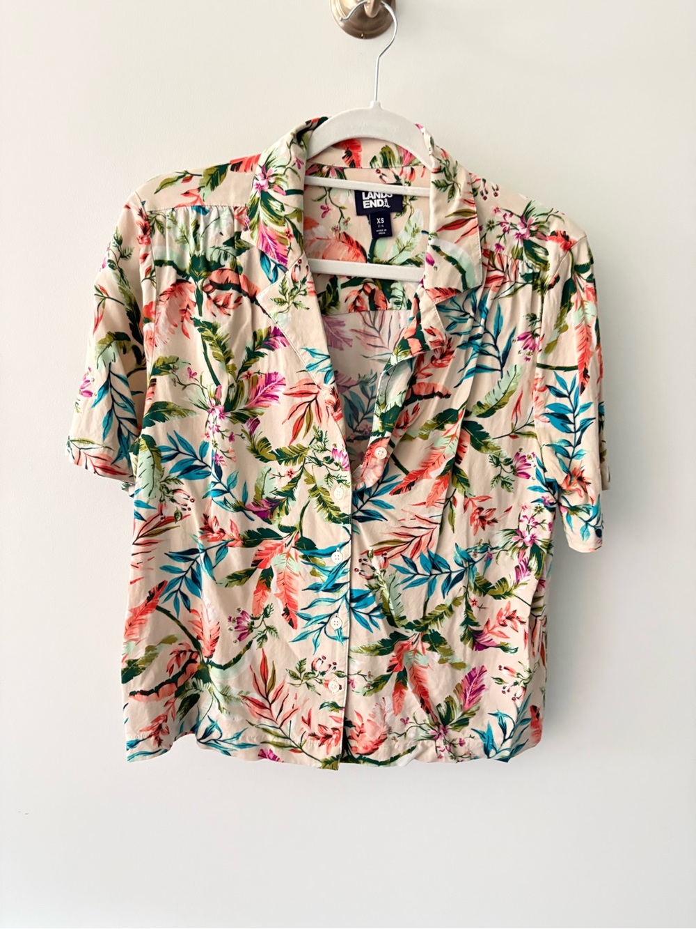 Lands' End Short-Sleeve Cream Tropical Print Button-Down